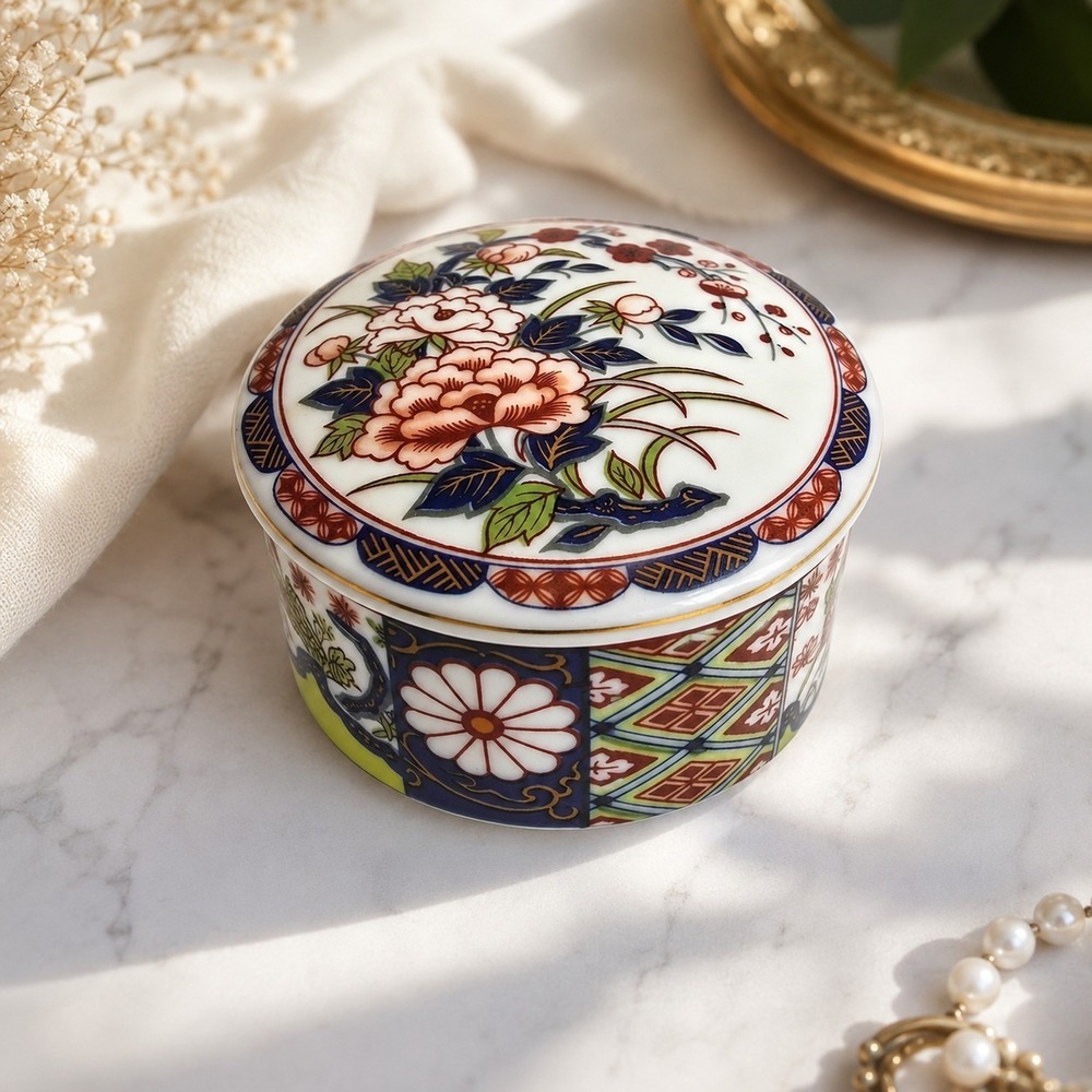 Vintage Porcelain Floral Trinket Box with Lid Japanese Imari Style Round Jewelry